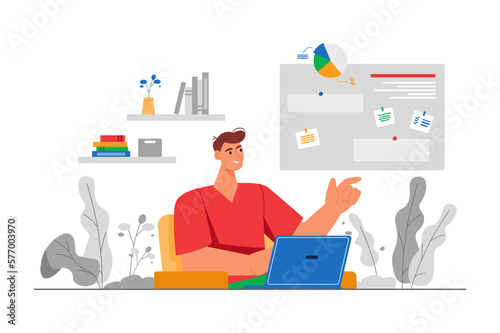 Freelance gray concept with people scene in the flat cartoon design. Guy performs various tasks on a laptop and earns money sitting at home. © Andrey