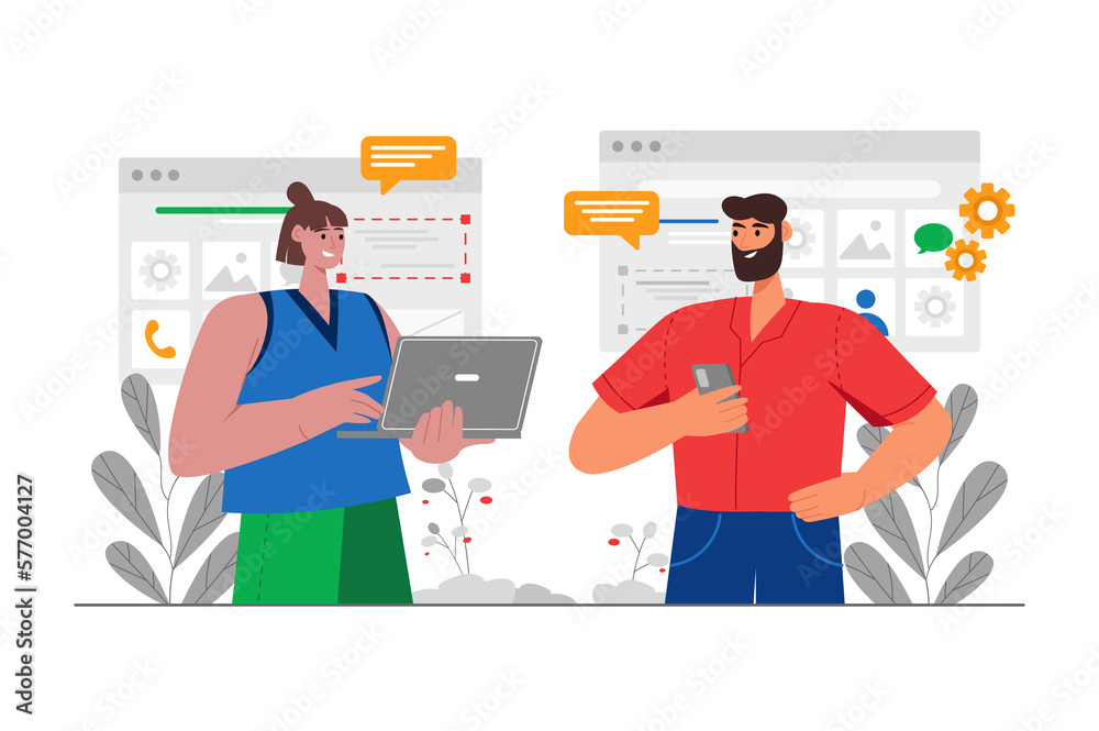 App development gray concept with people scene in the flat cartoon style. two developers are working on creating new mobile applications. App development gray concept with people scene in the flat cartoon style. two developers are working on creating new mobile applications.