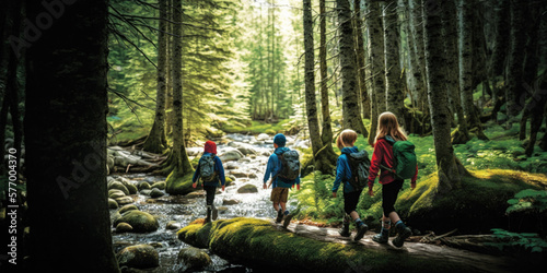 Discovering Nature: Children Hiking Through a Beautiful Forest, Exploring the Wild AI Generative