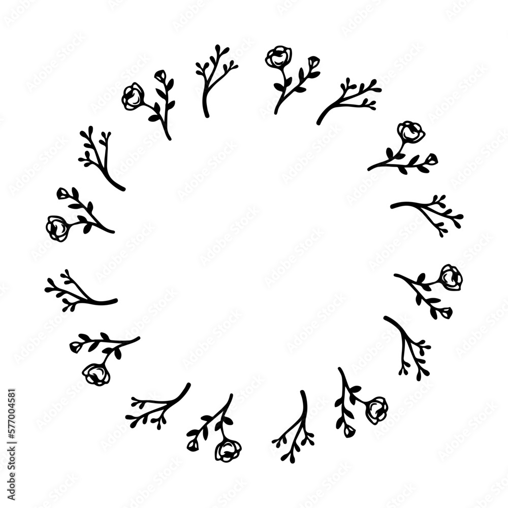 Circular garland of black flowers and plants on a transparent background