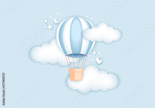 3d baby shower, hot air balloon with clouds for kids design in pastel colors. Cute vector illustration in realistic style.