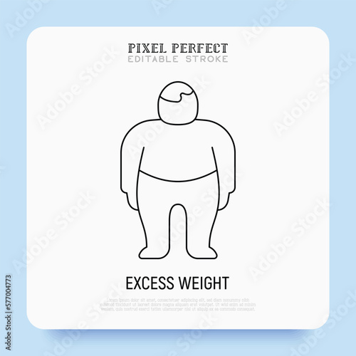 Obesity, excess weight thin line icon. Overweight, unhealthy body, dieting. Chubby man. Pixel perfect, editable stroke. Vector illustration.