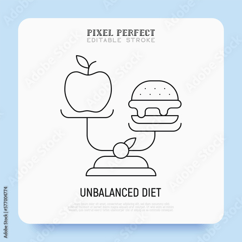 Unbalanced diet: scales with hamburger and apple. Unhealthy food. Pixel perfect, editable stroke. Vector illustration.