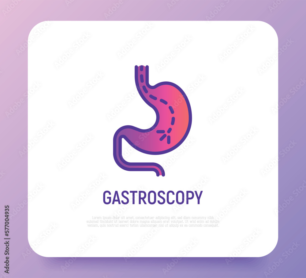 Gastroscopy thin line icon: endoscope in stomach. Medical test. Modern vector illustration.