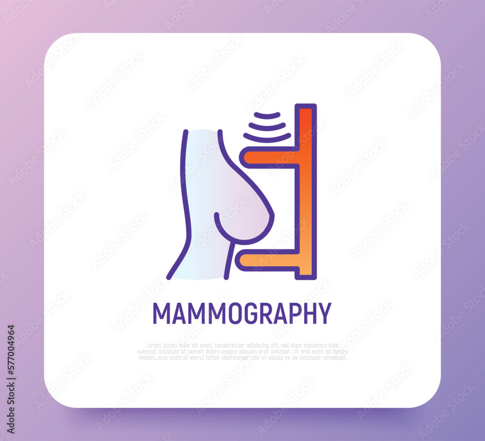 Mammography thin line icon: female breast in scanner. Laboratory research. Modern vector illustration.
