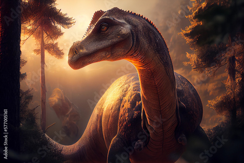 Brontosaurus in the primeval forest. Aspect ratio 3 2