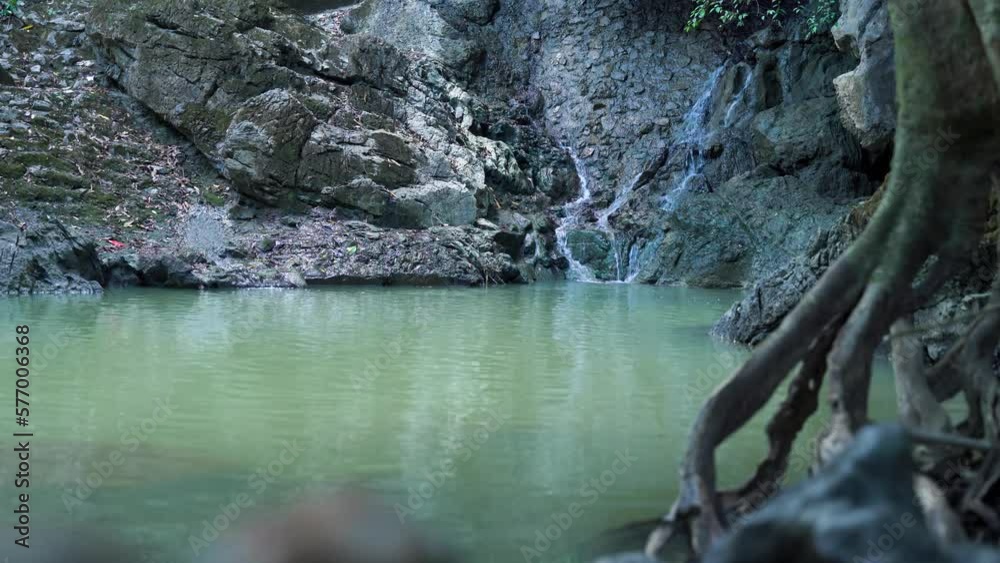 A small waterfall in Phang Nga, Thailand, a bright and refreshing waterfall suitable for vacations. Little known secret waterfall