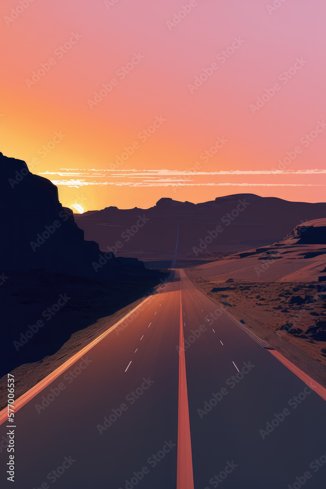 Tarmac road through rocky canyon. Sunset. Vertical composition. Generative AI