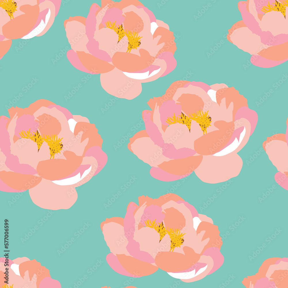 Large decorative delicate pink flowers peonies on a light blue background. Seamless botanical pattern for fashion fabrics. 