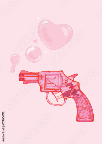 Hand Drawn Pink Revolver Shooting Heart-Shaped Soap Bubbles. Abstract Vector Illustration Great For Valentine’s Day Poster, Greeting Card Or Stationery Prints.
