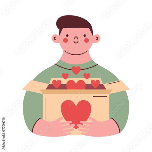 Creative cute clip art with man who holding box with hearts. Flat design of illustration with person, young man. For sticker, card on Mother's Day, International Day of Charity. Supporting concept.