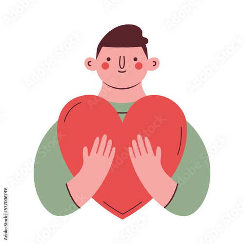 Modern cute clip art with man, who holding big heart. Flat design of illustration with person, boy. For sticker, card on Mother's Day, International Day of Charity. Supporting concept.