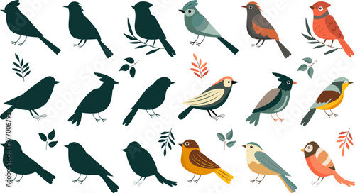 birds collection, flat style on white background isolated vector