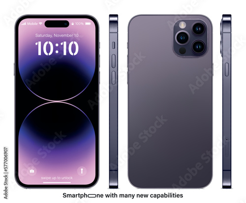 new frameless smartphone purple color with colored screen saver front, back and side view isolated on white background. mockup of realistic and detailed mobile phone. vector illustration