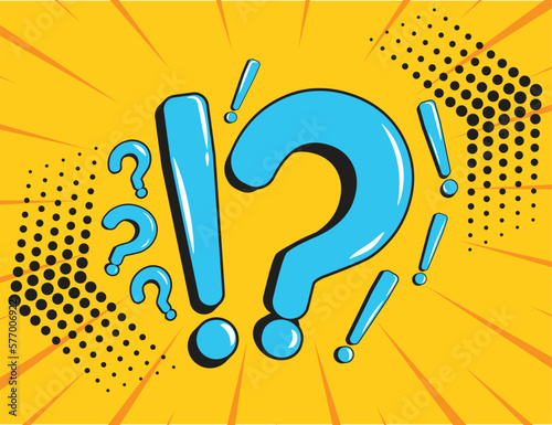 A comic book with question marks and exclamation point on a yellow background. Drawn pop art comic