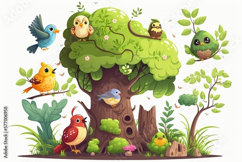 Forest and birds in a children's cartoon depiction of nature. Generative AI