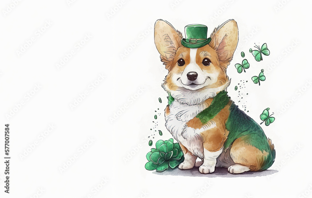 Smiling St. Patrick’s Pomeranian puppy in a green leprechaun hat on white background. Watercolor cartoon. Generative AI.