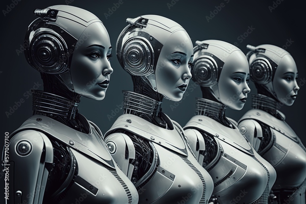 image of a row of female robots representing artificial intelligence and robotics. Generative AI image of a row of female robots representing artificial intelligence and robotics. Generative AI