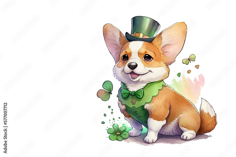 Smiling St. Patrick’s Pomeranian puppy in a green leprechaun hat on white background. Watercolor cartoon. Generative AI. Smiling St. Patrick’s Pomeranian puppy in a green leprechaun hat on white background. Watercolor cartoon. Generative AI.
