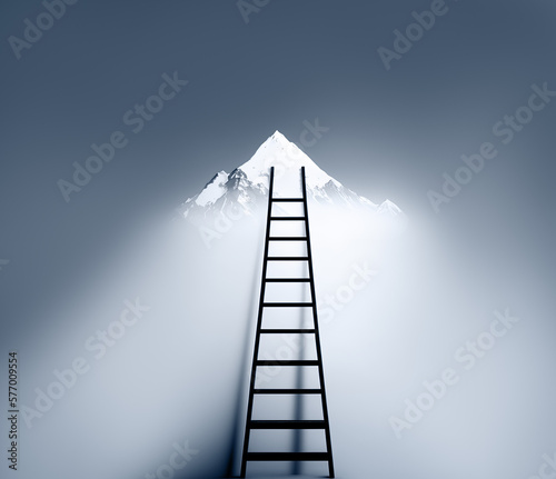 Path to success concept with ladder going all the way to mountain top . Generative AI illustration