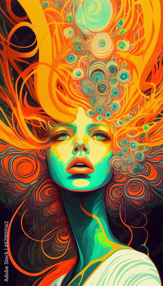 Ai generated. Portrait of a red-haired woman. Psychedelic vintage portrait of trippy and acid concept. Temporary ripples.