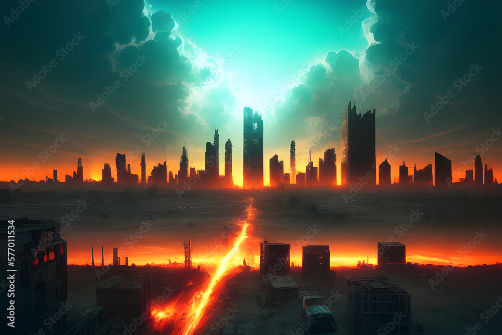 AI Digital Illustration Post Apocalyptic Cityscape Sunset