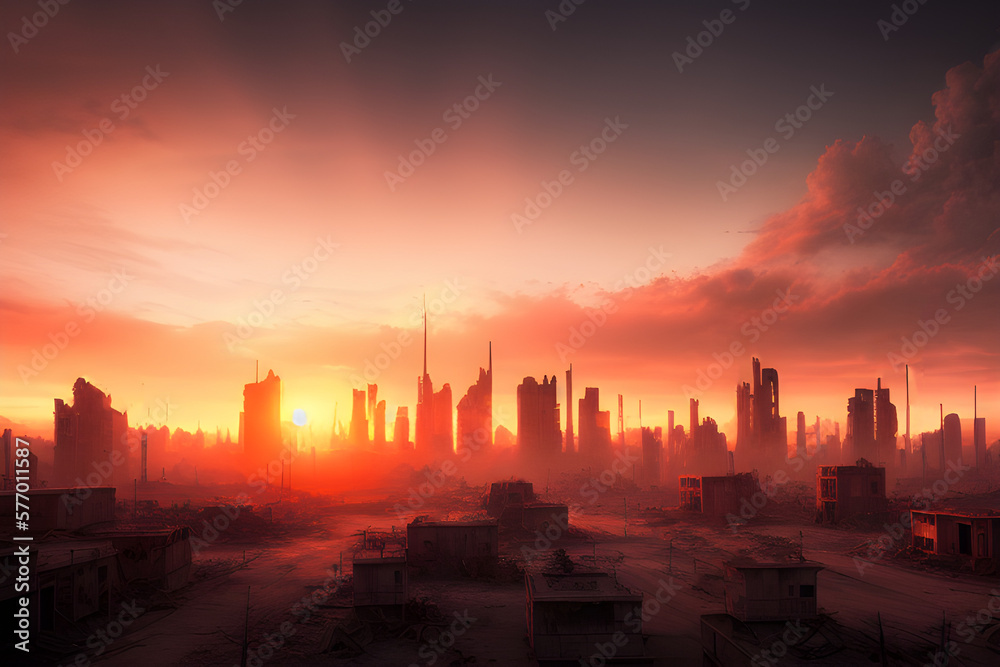 AI Digital Illustration Post Apocalyptic Cityscape Sunset