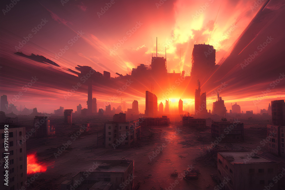 Fototapeta premium AI Digital Illustration Post Apocalyptic Cityscape Sunset