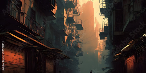 Kowloon walled city, balconies and skyscrapers in the distance, generative AI