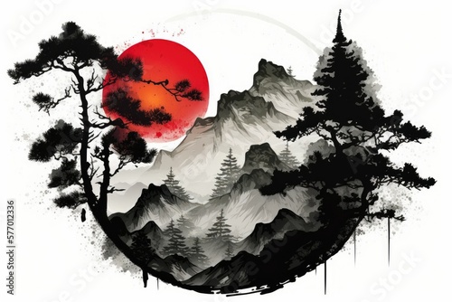 Foggy woodland mountains with red sun and pine trees. Sumi e, u sin, and go hua are three varieties of the ancient Oriental ink painting style known as shin e. Generative AI photo