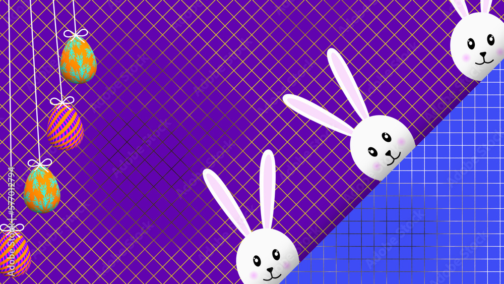 Obraz premium Swinging eggs and cute bunny face on pattern background.