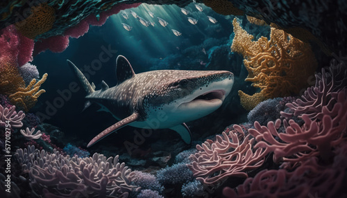 Fototapeta Naklejka Na Ścianę i Meble -  shark on beautiful coral reef. generative ai