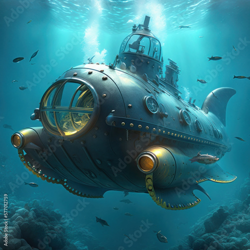 underwater bathyscaphe robotic submarine in deep sea exploration on cave