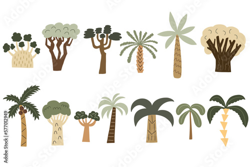 Various abstract palm trees. Low and high trees. Hand drawn colorful vector set. Fashion illustration.