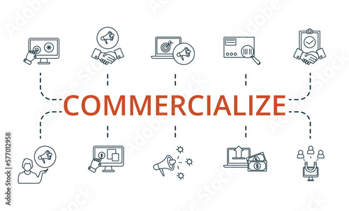 Commercialize set icon. Editable icons commercialize theme such as niche marketing  referred customers  withdrawal and more.