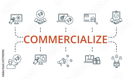 Commercialize set icon. Editable icons commercialize theme such as niche marketing, referred customers, withdrawal and more.