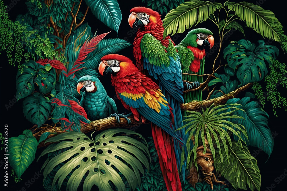 Fototapeta premium a tropical rainforest with parrots. Generative AI.