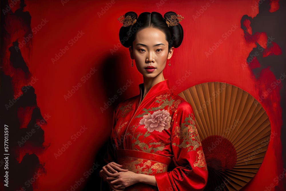 Beautiful Chinese Woman in Traditional Dress Posing in Front of Red ...