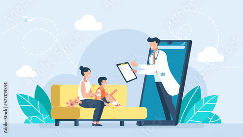 Doctor online. Mom with son consults with a doctor via video call. Woman with child at online appointment with pediatrician. App on phone for remote medical care, support, advice. Vector illustration