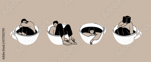 Set of various young People sitting in the big giant Cups in different positions. Funny characters. Cartoon comic style. Hand drawn monochrome trendy Vector illustration. Isolated design elements