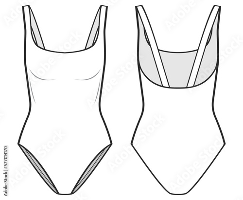 basic One Piece Swimsuit fashion drawing template. with a scoop neckline, low back, and elasticated shoulder straps. Swimsuit fashion flat illustration. front view, back view, white color, CAD mockup  photo