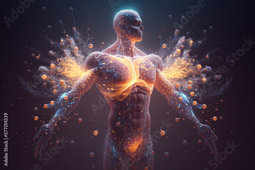 Particles circulating through human body. Scientific concept, scientific experiments. AI generated image