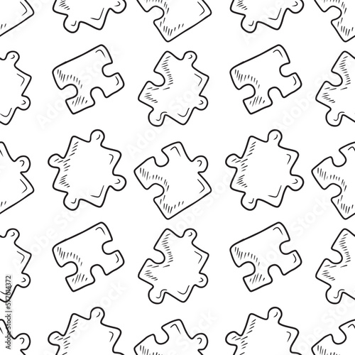 Seamless pattern with separate jigsaw puzzles in black isolated on white background. Hand drawn vector sketch illustration in engraving doodle outline vintage line art style. Children games packaging