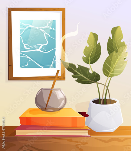 Vector illustration of a plant in a pot and book stack. Minimal composition. Stylish scandi interior decor. Cartoon design. Home library. Decorative elements