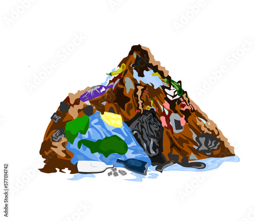 Pile of household garbage lying around. Unsorted food, paper, plastic and electrical waste. Flat vector illustration isolated on white background