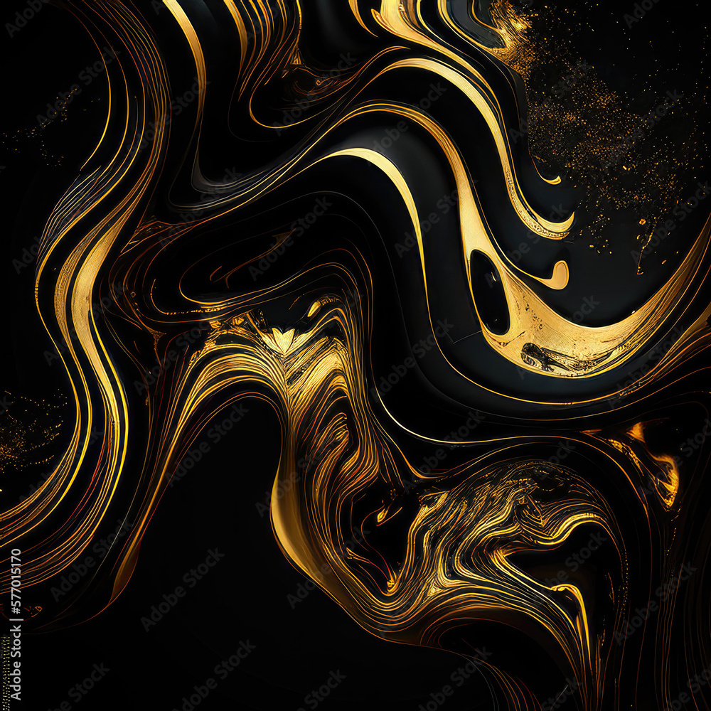 Splendid modern marbling painting abstract design wavy veins pattern texture marble in digital art. Dark purple black white and gold fluid water melted liquid wallpaper. Generative AI