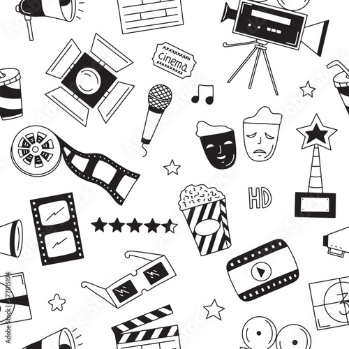 Seamless pattern with elements and attributes of cinema in the style of doodle on a white background. Vector illustration for your design