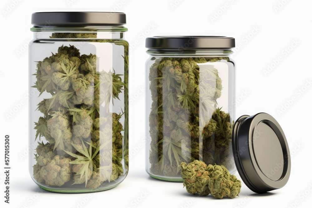 cannabis buds that have been dried and trimmed, packaged in glass jars. Medical Marijuana Pot. Generative AI