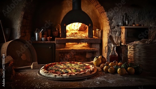 Pizza being taken out of a wood burning oven, generative ai