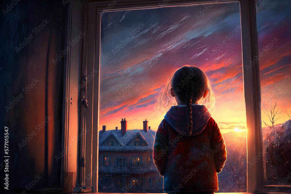 Fototapeta premium the child sees the sunset, generative ai